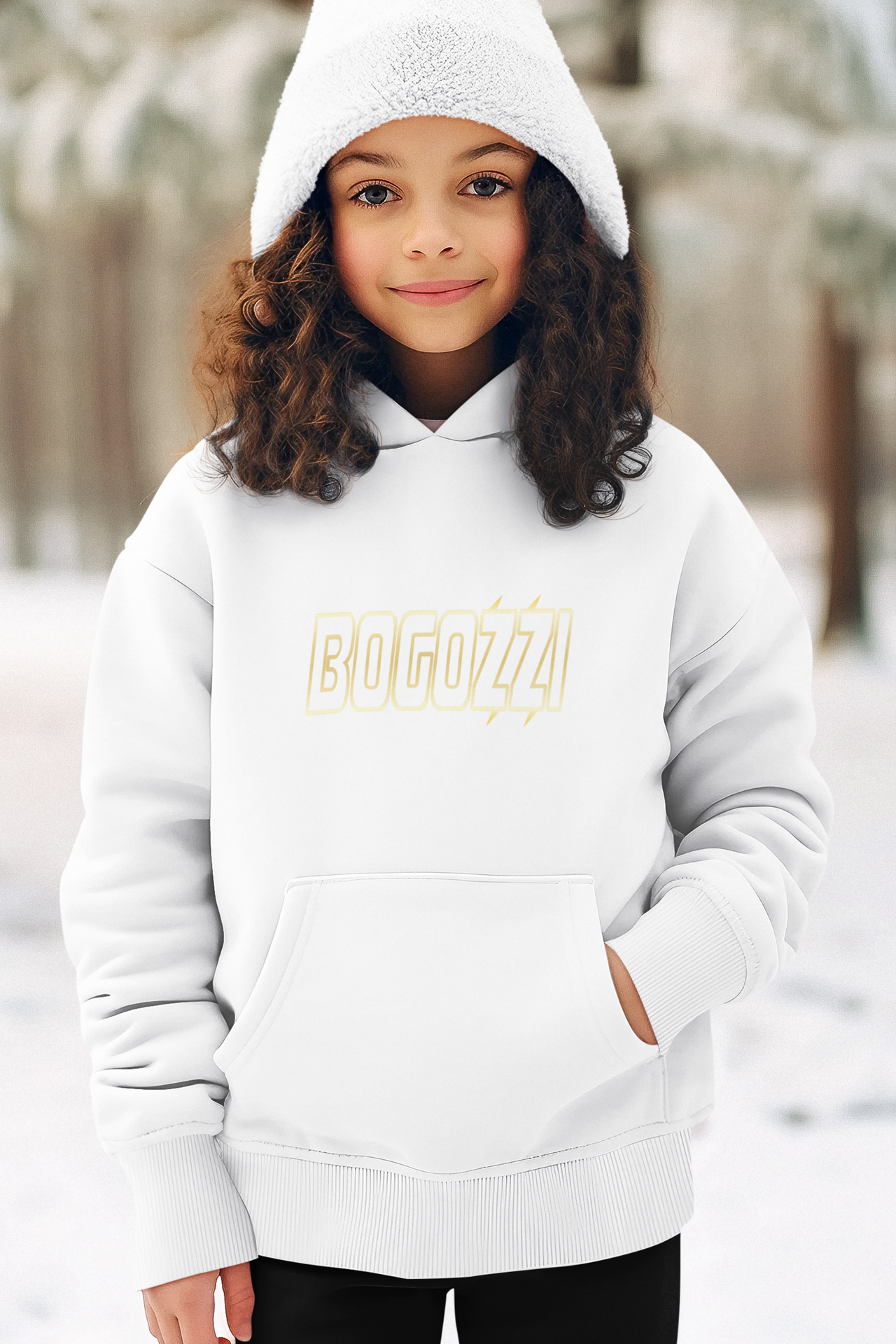 BOGOZZI - Youth Pullover Hoodie — Electric Glimmer Gold Logo