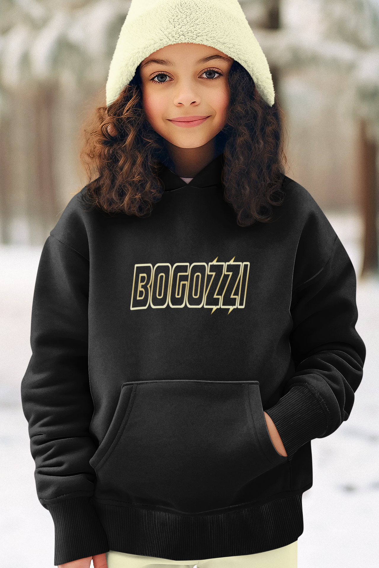 BOGOZZI - Youth Pullover Hoodie — Electric Glimmer Gold Logo