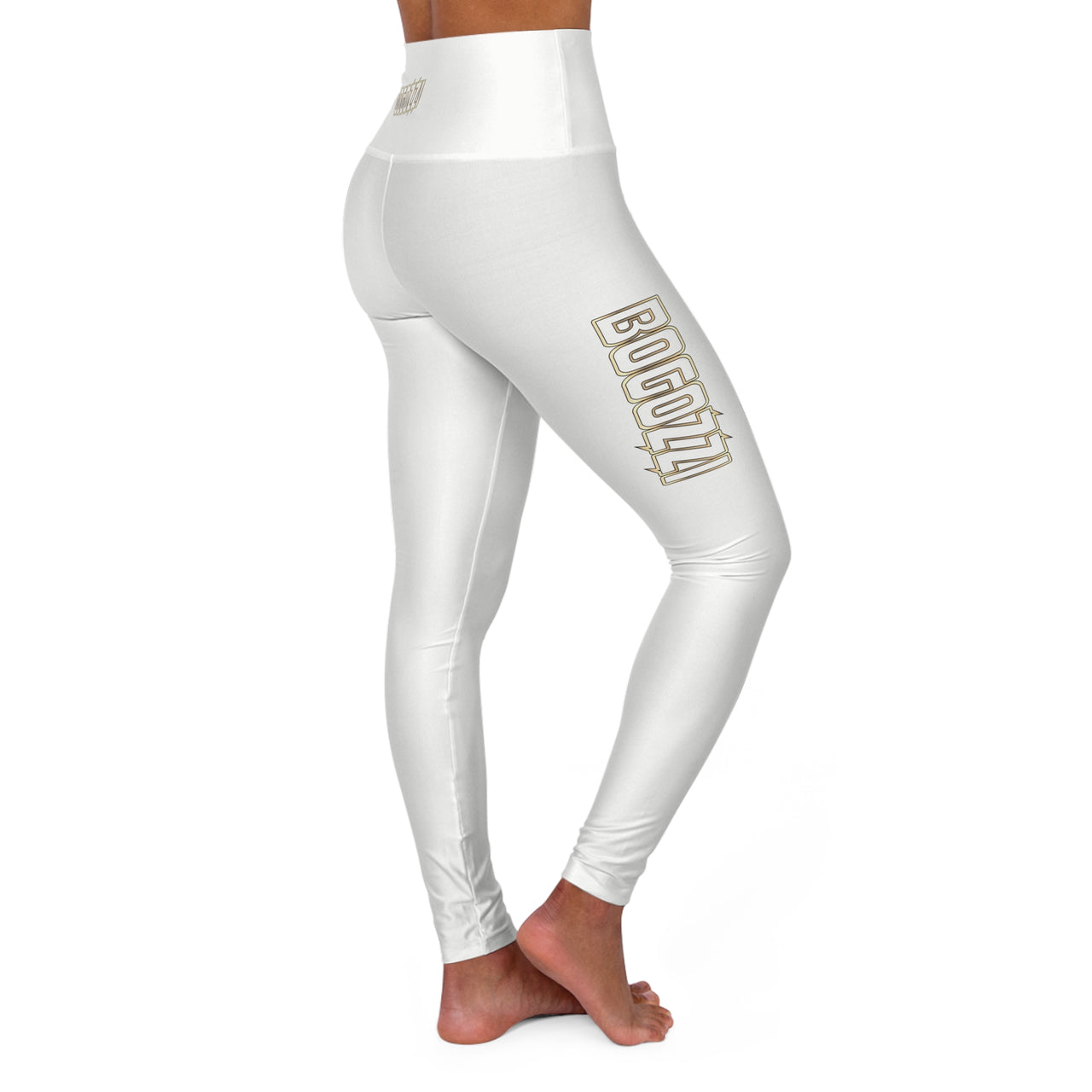 High-Waisted (Solid White) Yoga Leggings — BOGOZZI Glimmer Gold Outline Gradient Thigh Print
