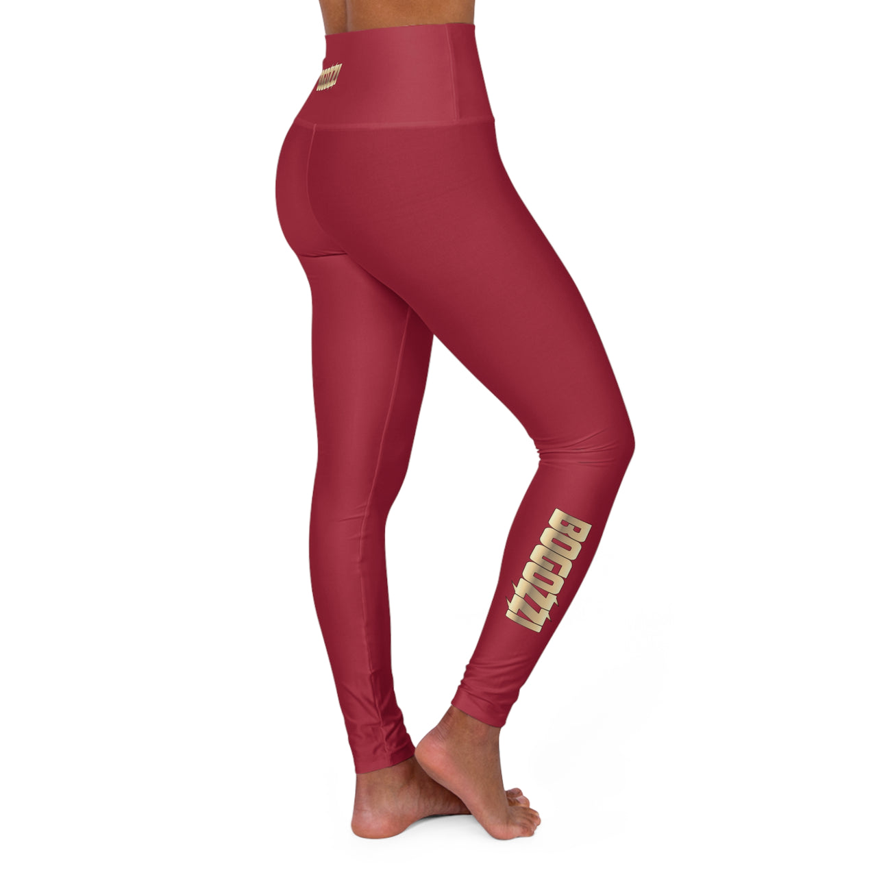 High Waisted (Solid Red) Yoga Leggings - BOGOZZI Glimmer Gold Gradient Calf Graphic