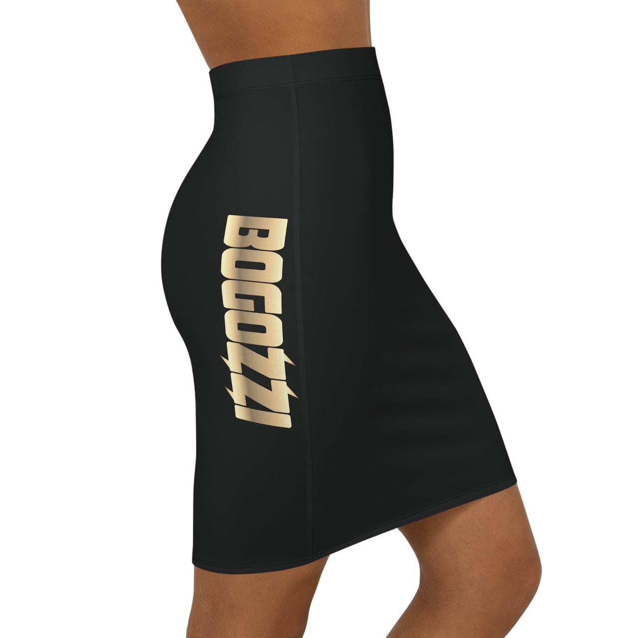 Black Mid-Waist Pencil Skirt — BOGOZZI Vibrant Side Hip Glimmer Gold Gradient Accent