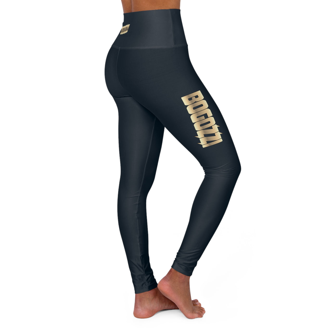 High Waisted (Midnight Navy) Yoga Leggings - BOGOZZI Glimmer Gold Gradient Thigh Graphic