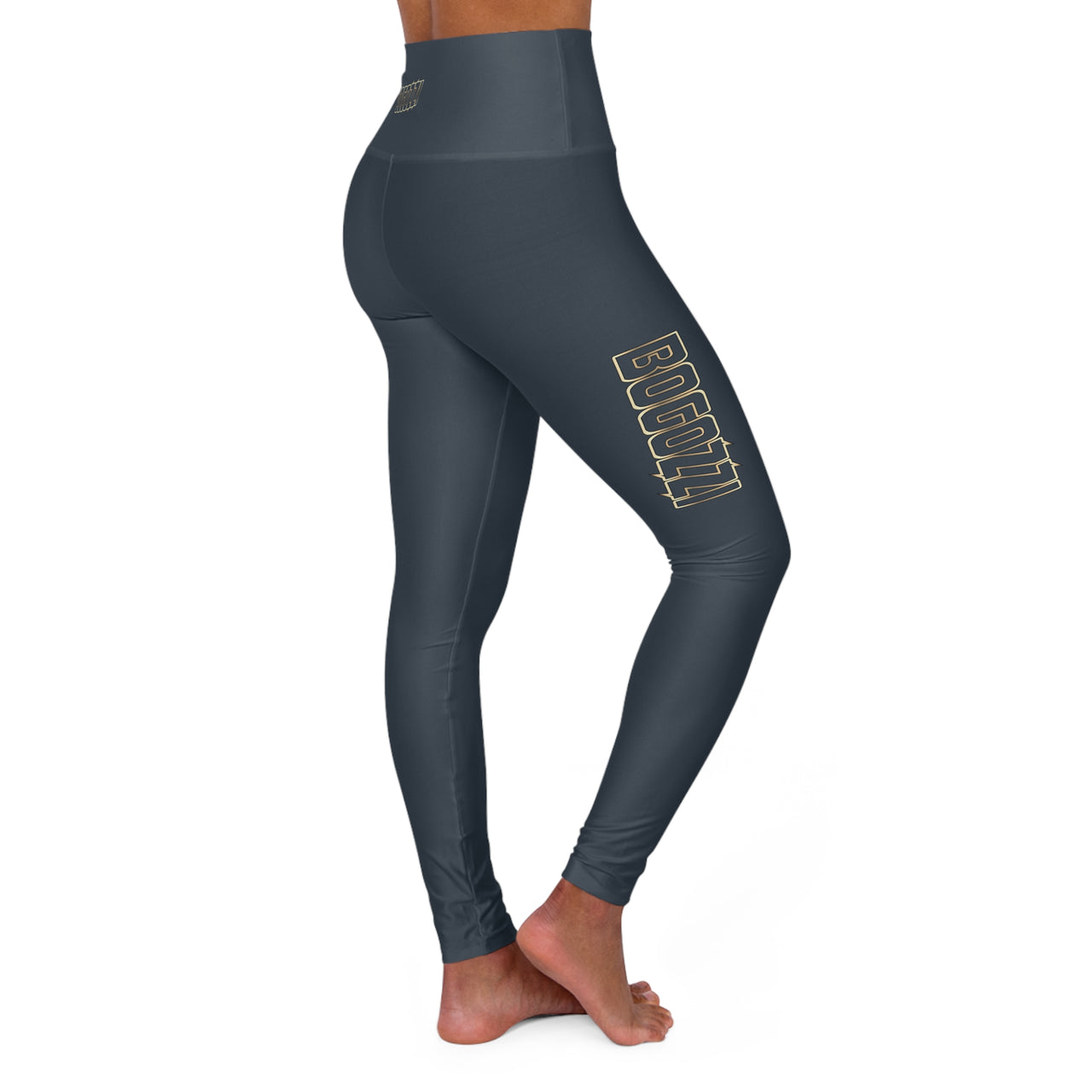 High-Waisted (Indigo) Yoga Leggings - BOGOZZI Glimmer Gold Gradient Outline Thigh Graphic