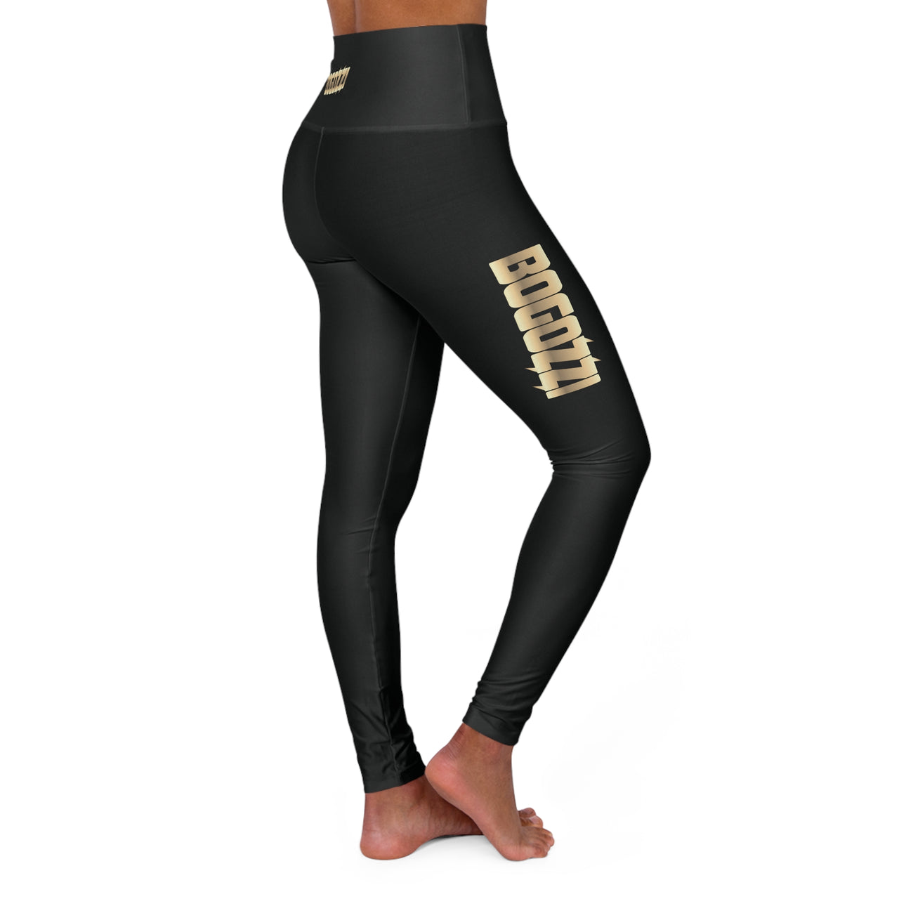 High-Waisted (Solid Black) Yoga Leggings — BOGOZZI Glimmer Gold Gradient Thigh Print