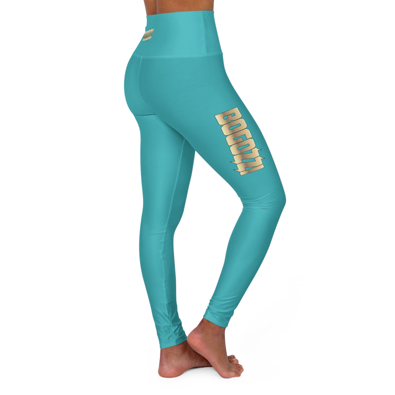 High Waisted (Tahiti Blue) Yoga Leggings - BOGOZZI Glimmer Gold Gradient Thigh Graphic