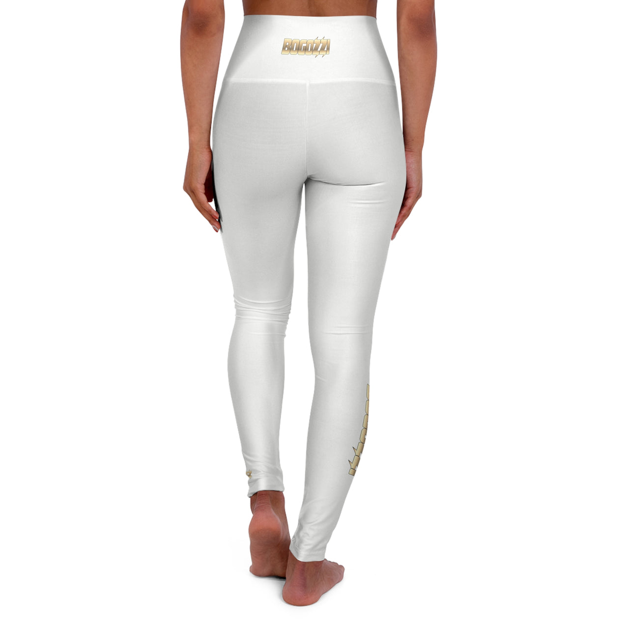 High-Waisted (Solid White) Yoga Leggings — BOGOZZI Glimmer Gold Gradient Calf Print