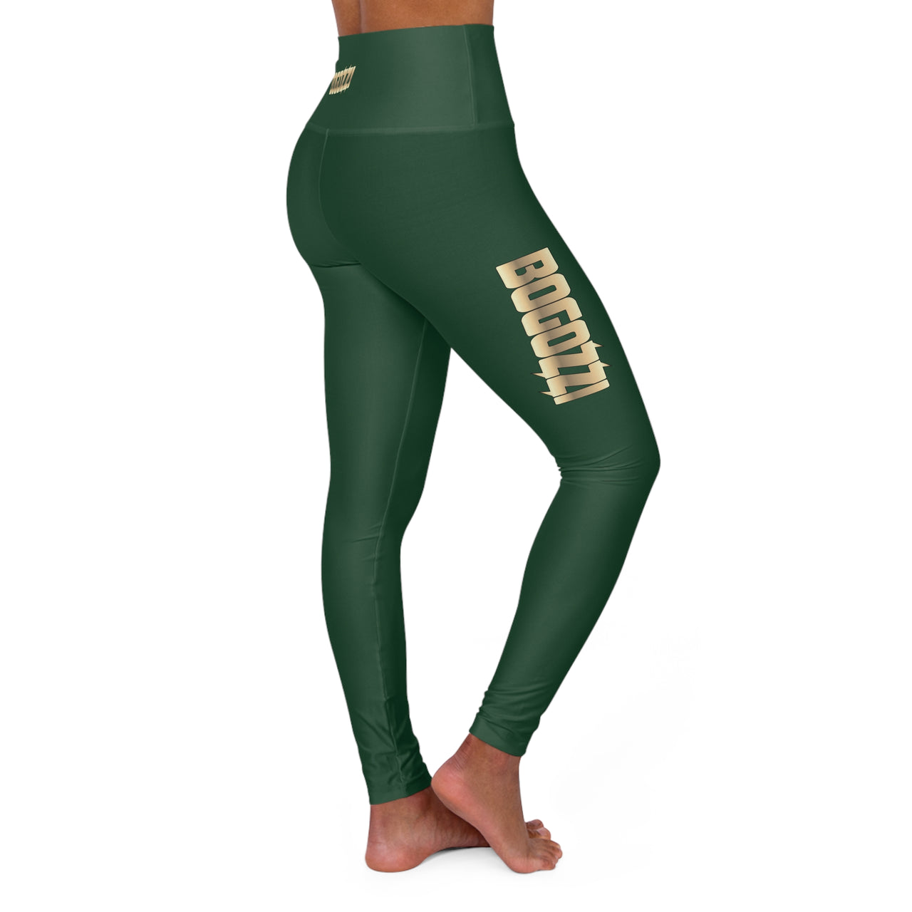 High Waisted (Green) Yoga Leggings - BOGOZZI Glimmer Gold Gradient Thigh Graphic