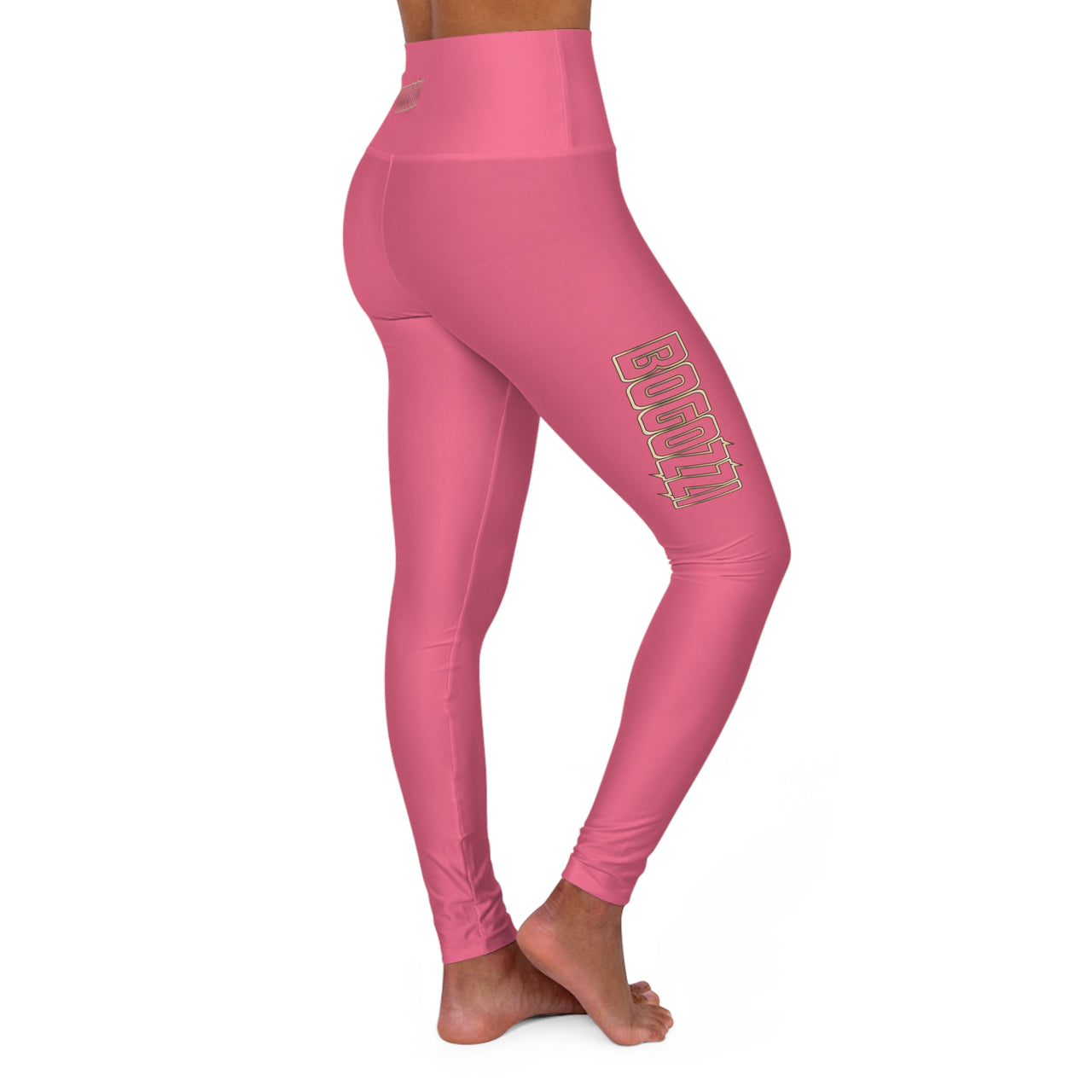 High-Waisted (Hot Pink) Yoga Leggings - BOGOZZI Glimmer Gold Gradient Outline Thigh Graphic