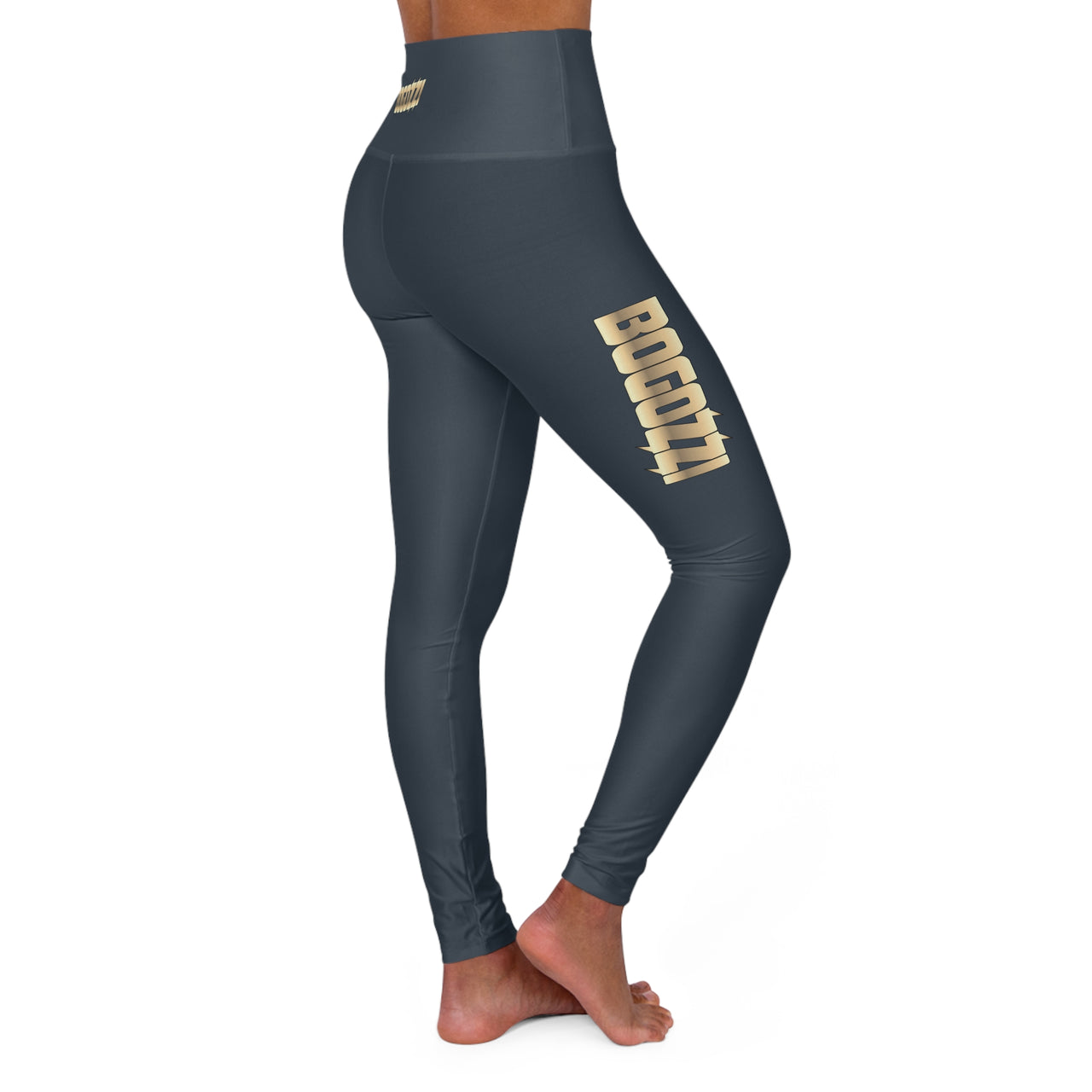 High Waisted (Indigo) Yoga Leggings - BOGOZZI Glimmer Gold Gradient Thigh Graphic
