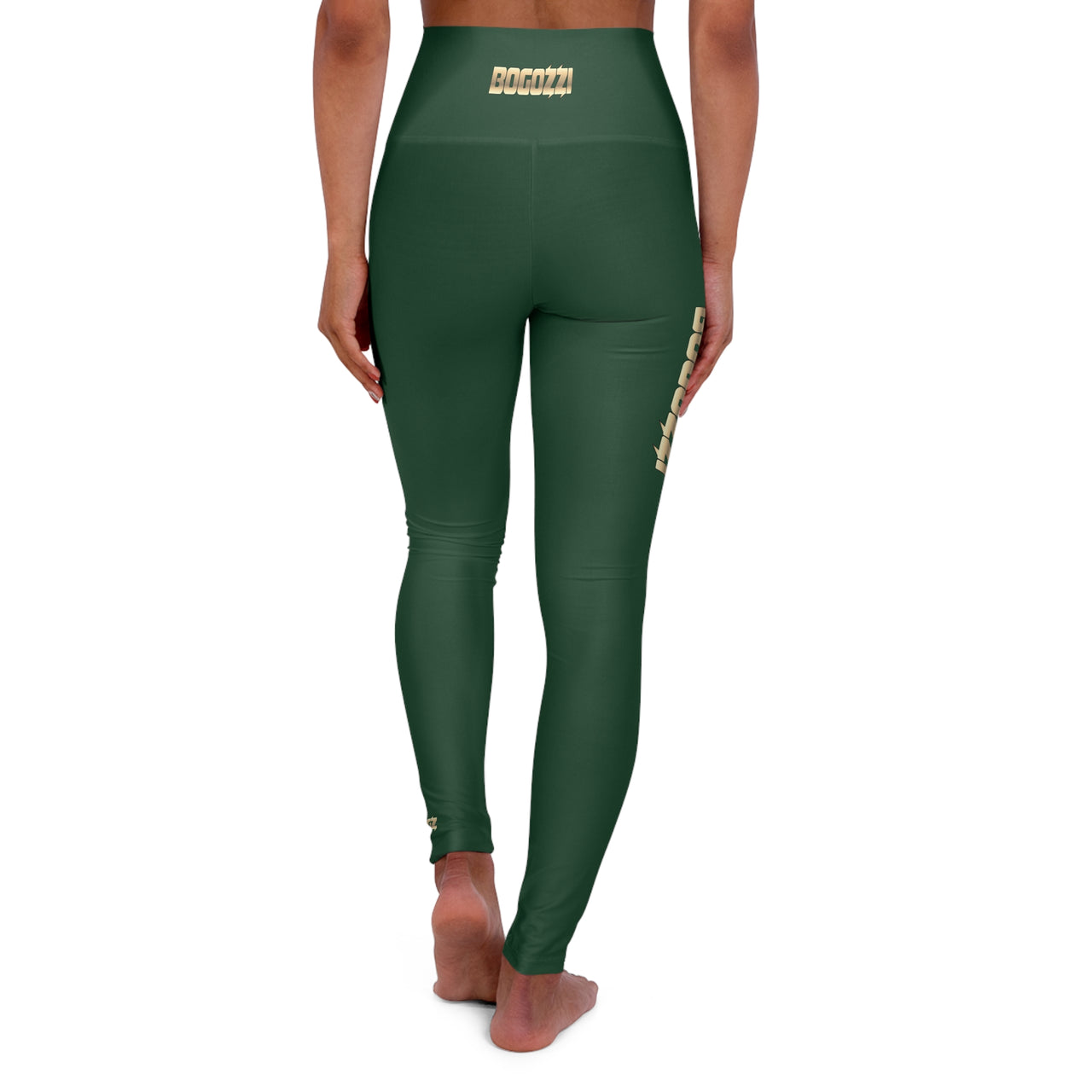 High Waisted (Green) Yoga Leggings - BOGOZZI Glimmer Gold Gradient Thigh Graphic