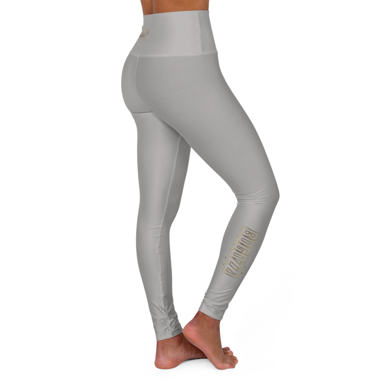 High-Waisted (Heather Grey) Yoga Leggings - BOGOZZI Glimmer Gold Gradient Outline Calf Graphic