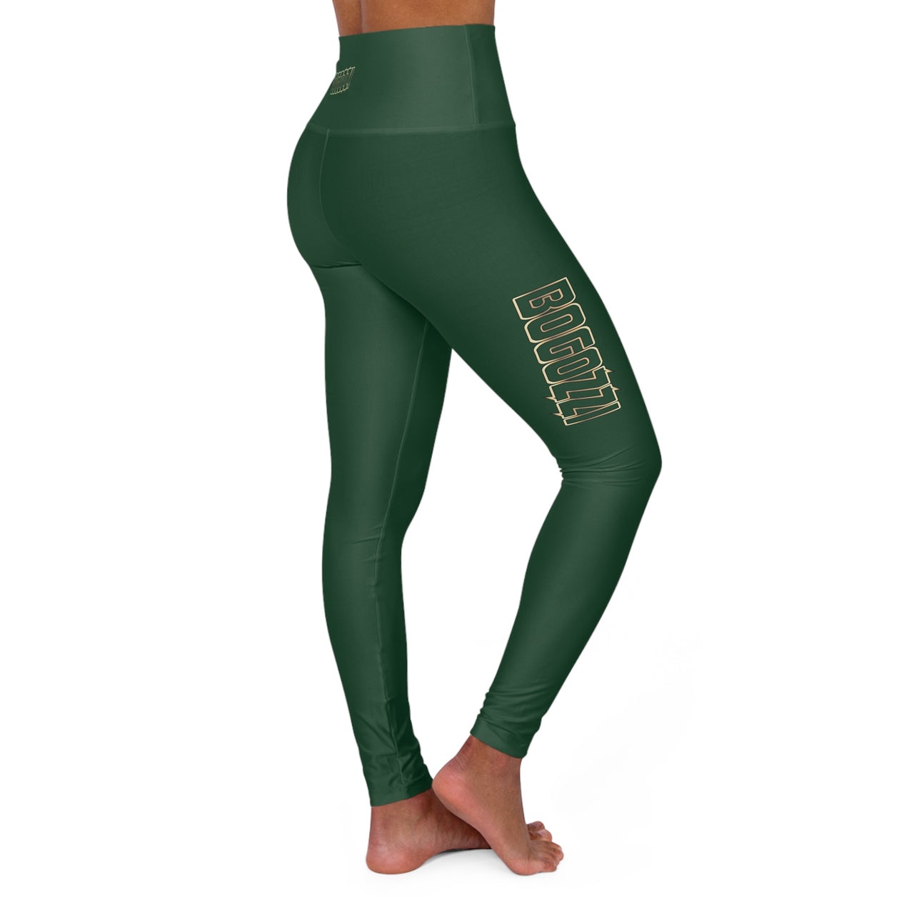 High-Waisted (Green) Yoga Leggings - BOGOZZI Glimmer Gold Gradient Outline Thigh Graphic