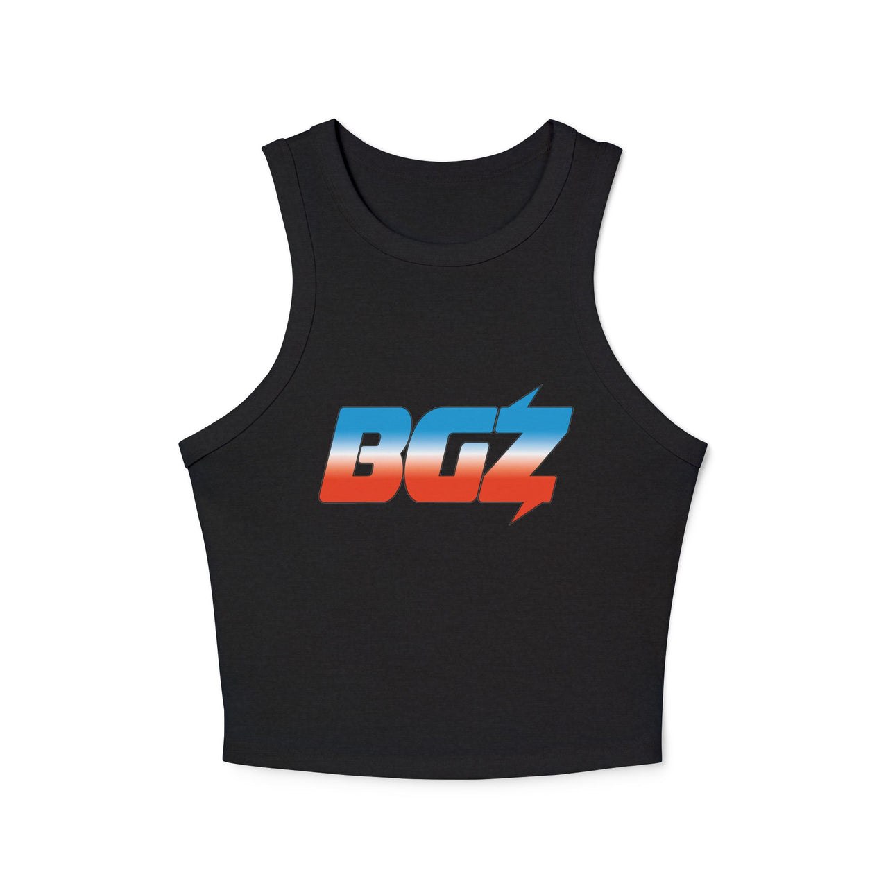 Women's Cropped Rib Racerback Tank Top — BOGOZZI - Vibrant Icey Dreamsicle Gradient Graphic Alternate Logo