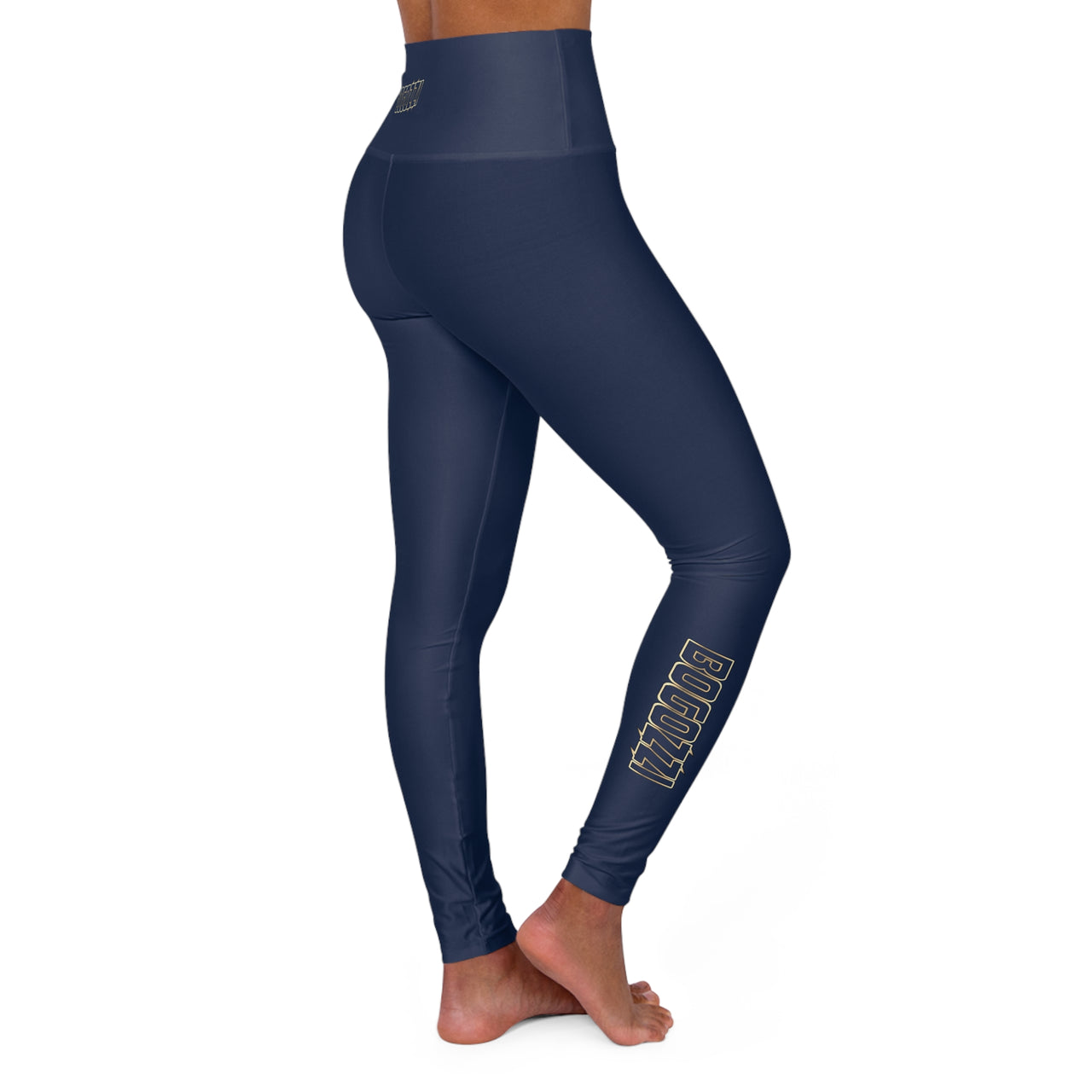 High Waisted (Blue) Yoga Leggings - BOGOZZI Glimmer Gold Gradient Outline Calf Graphic