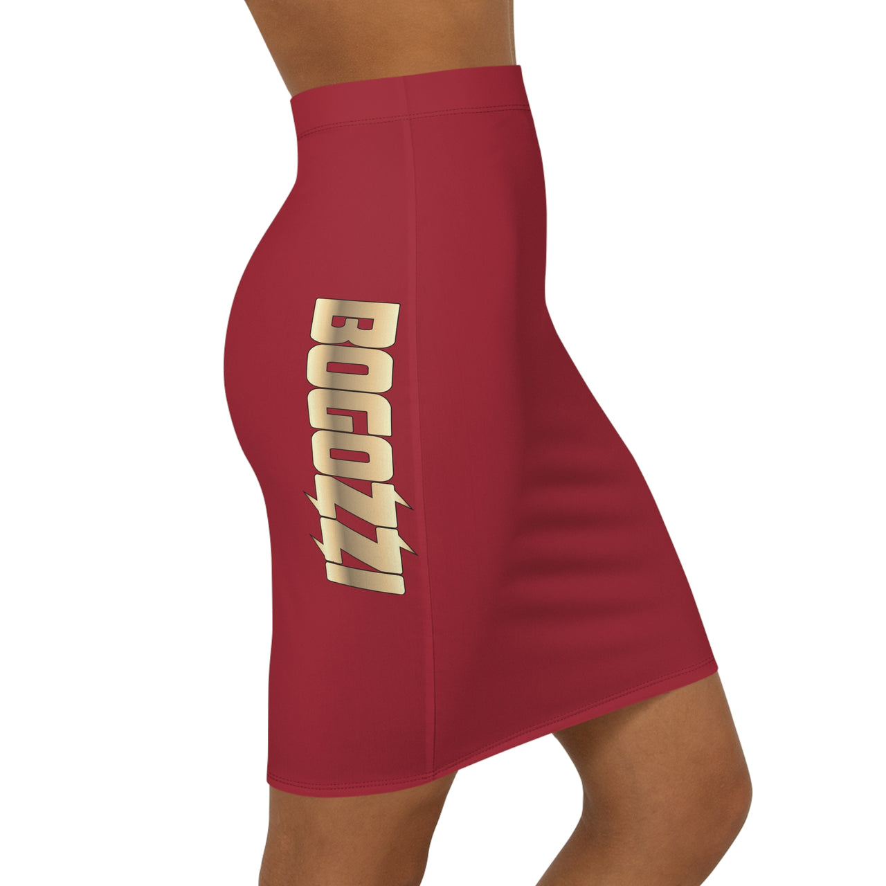 Solid Red Blend Mid-Waist Pencil Skirt — BOGOZZI Vibrant Side Hip Glimmer Gold Gradient Accent