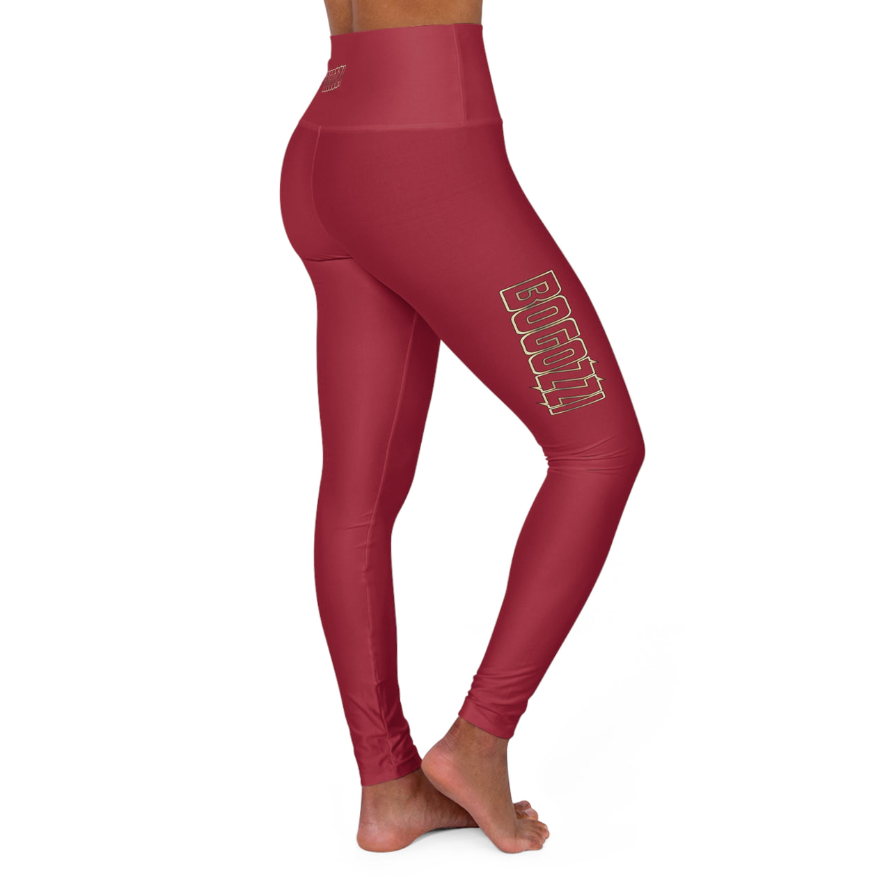High-Waisted (Solid Red) Yoga Leggings - BOGOZZI Glimmer Gold Gradient Outline Thigh Graphic