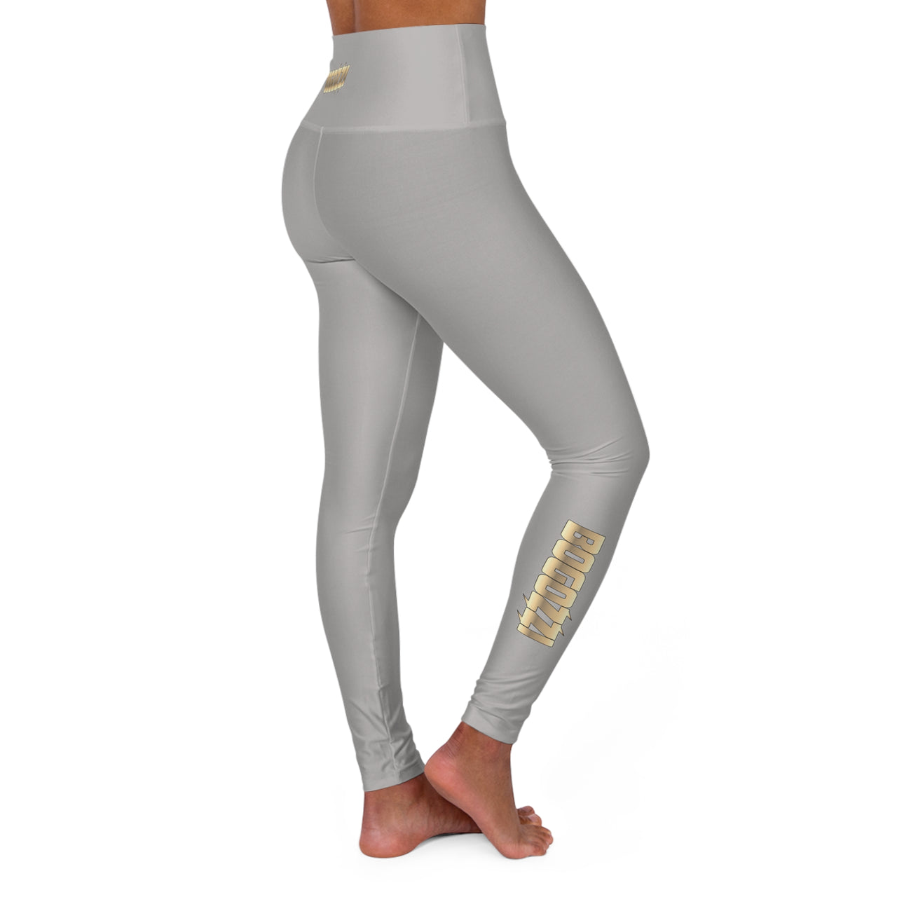 High Waisted (Heather Grey) Yoga Leggings - BOGOZZI Glimmer Gold Gradient Calf Graphic