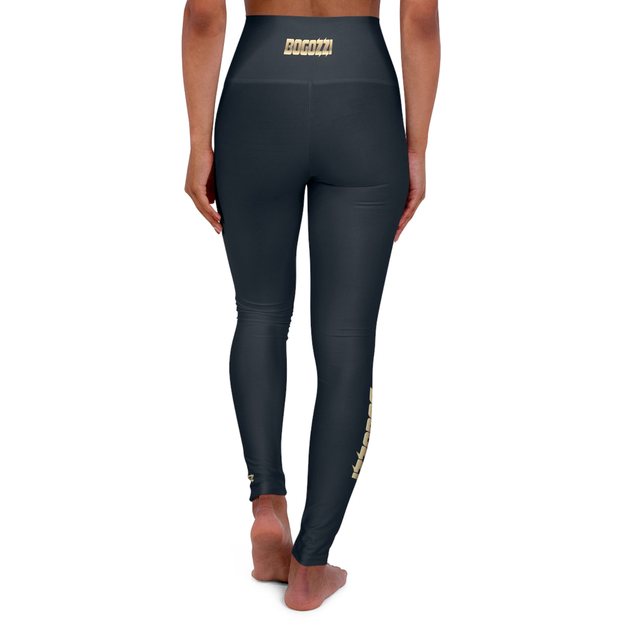 High Waisted (Midnight Navy) Yoga Leggings - BOGOZZI Glimmer Gold Gradient Calf Graphic