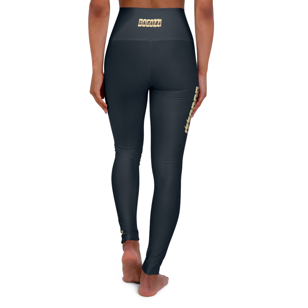 High Waisted (Midnight Navy) Yoga Leggings - BOGOZZI Glimmer Gold Gradient Thigh Graphic