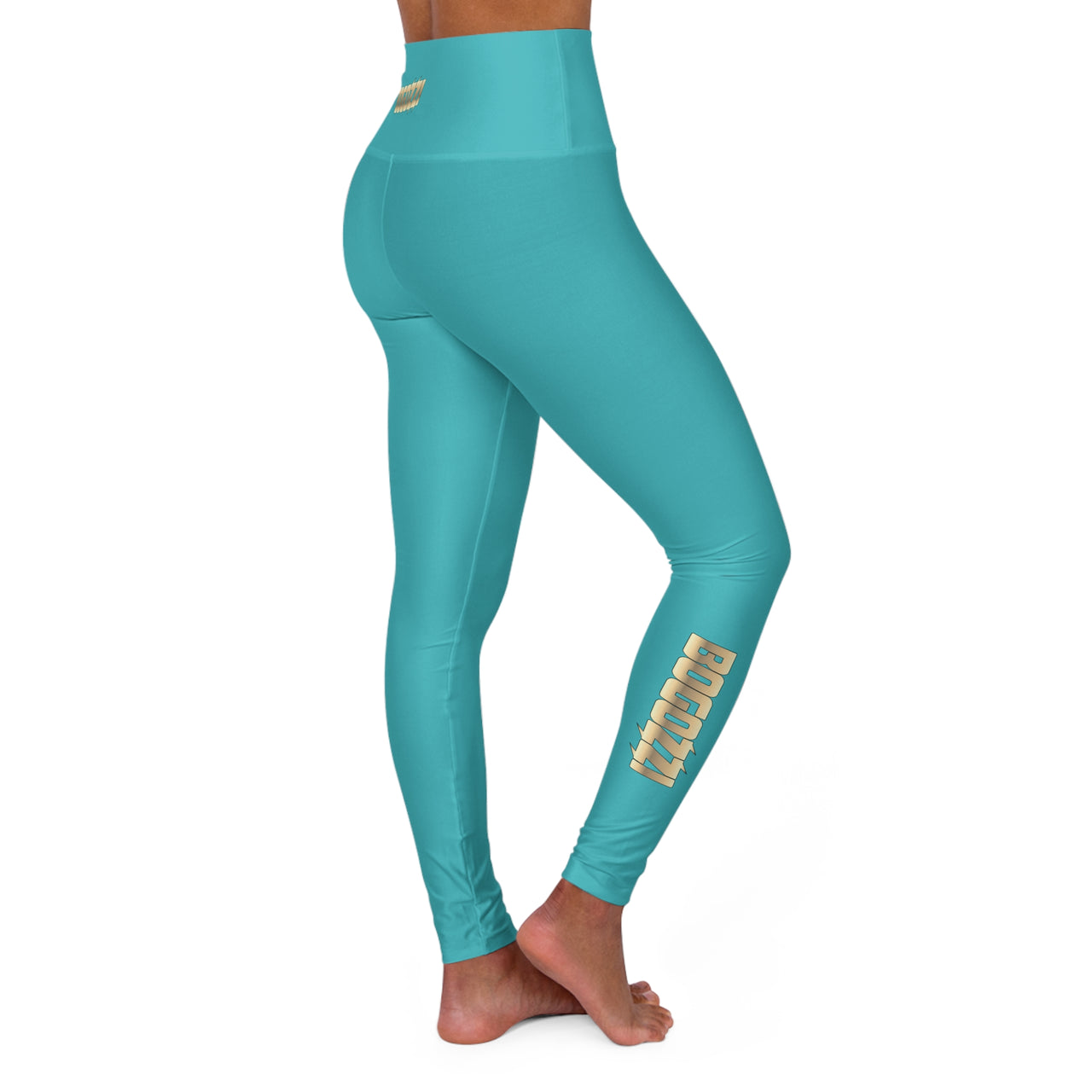 High Waisted (Tahiti Blue) Yoga Leggings - BOGOZZI Glimmer Gold Gradient Calf Graphic