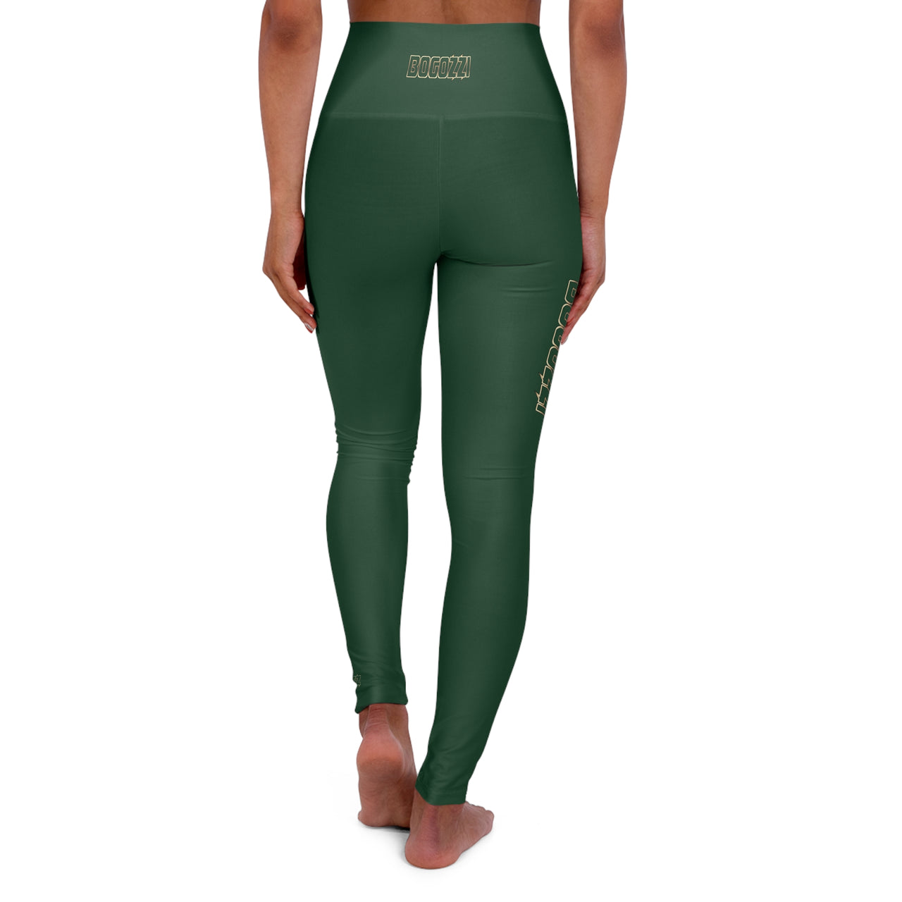 High-Waisted (Green) Yoga Leggings - BOGOZZI Glimmer Gold Gradient Outline Thigh Graphic