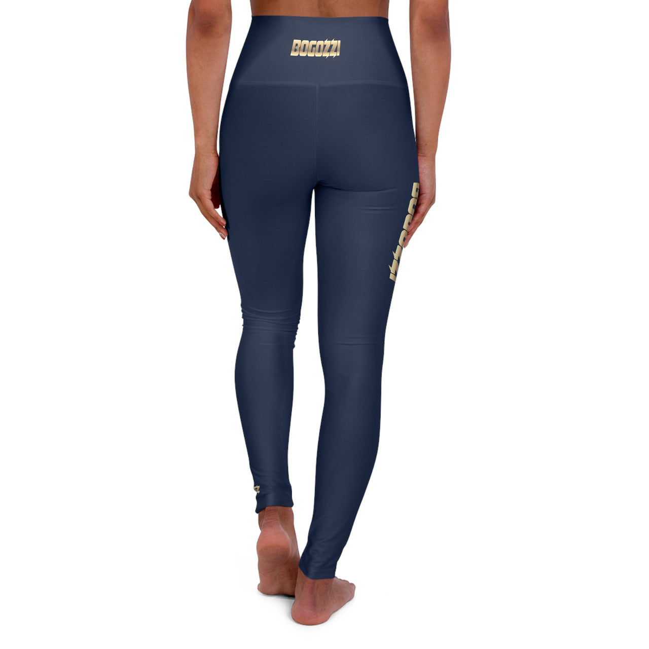 High Waisted (Blue) Yoga Leggings - BOGOZZI Glimmer Gold Gradient Thigh Graphic