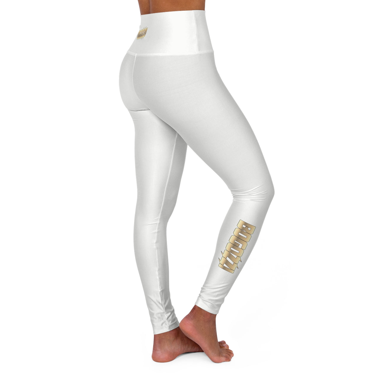 High-Waisted (Solid White) Yoga Leggings — BOGOZZI Glimmer Gold Gradient Calf Print
