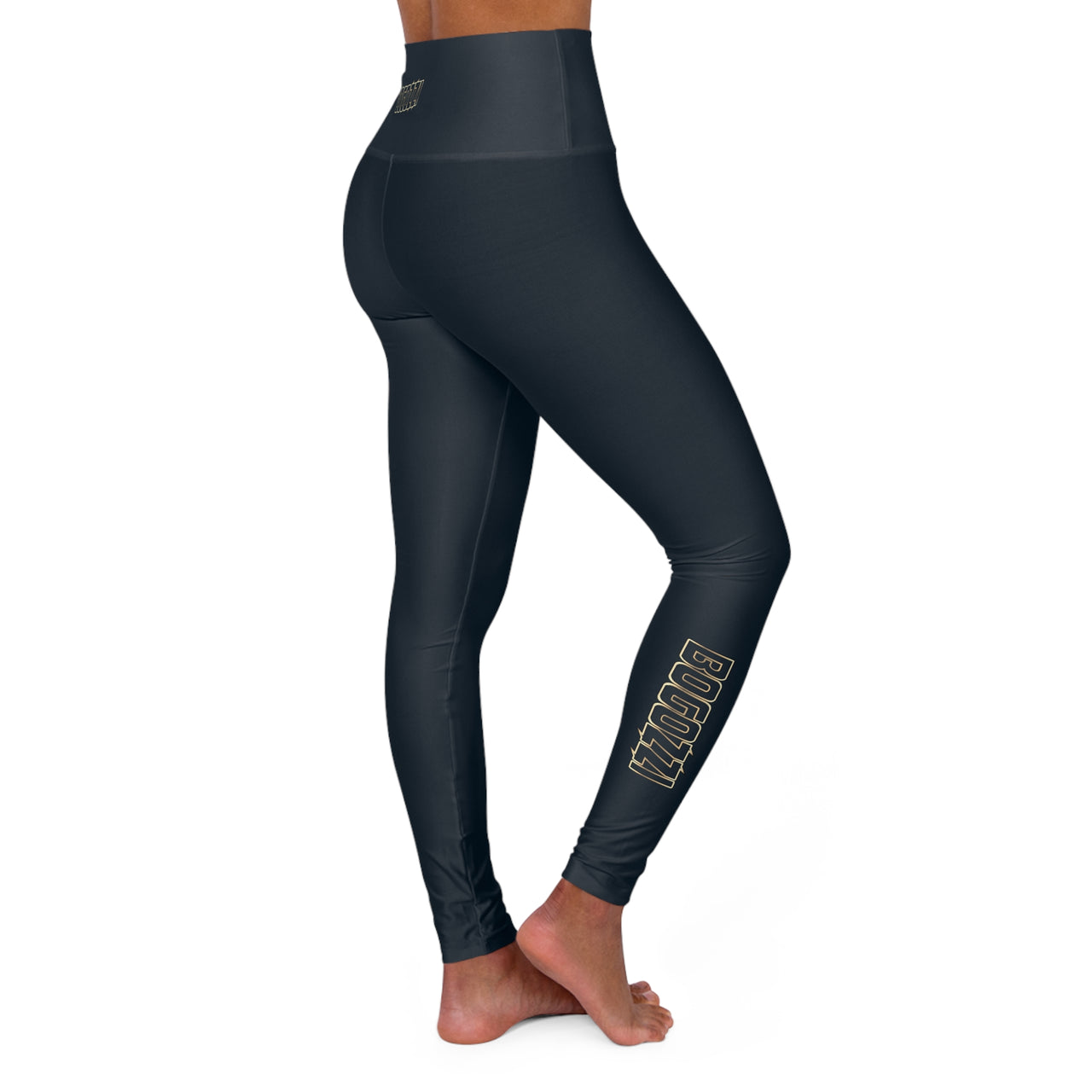 High Waisted (Midnight Navy) Yoga Leggings - BOGOZZI Glimmer Gold Gradient Outline Calf Graphic
