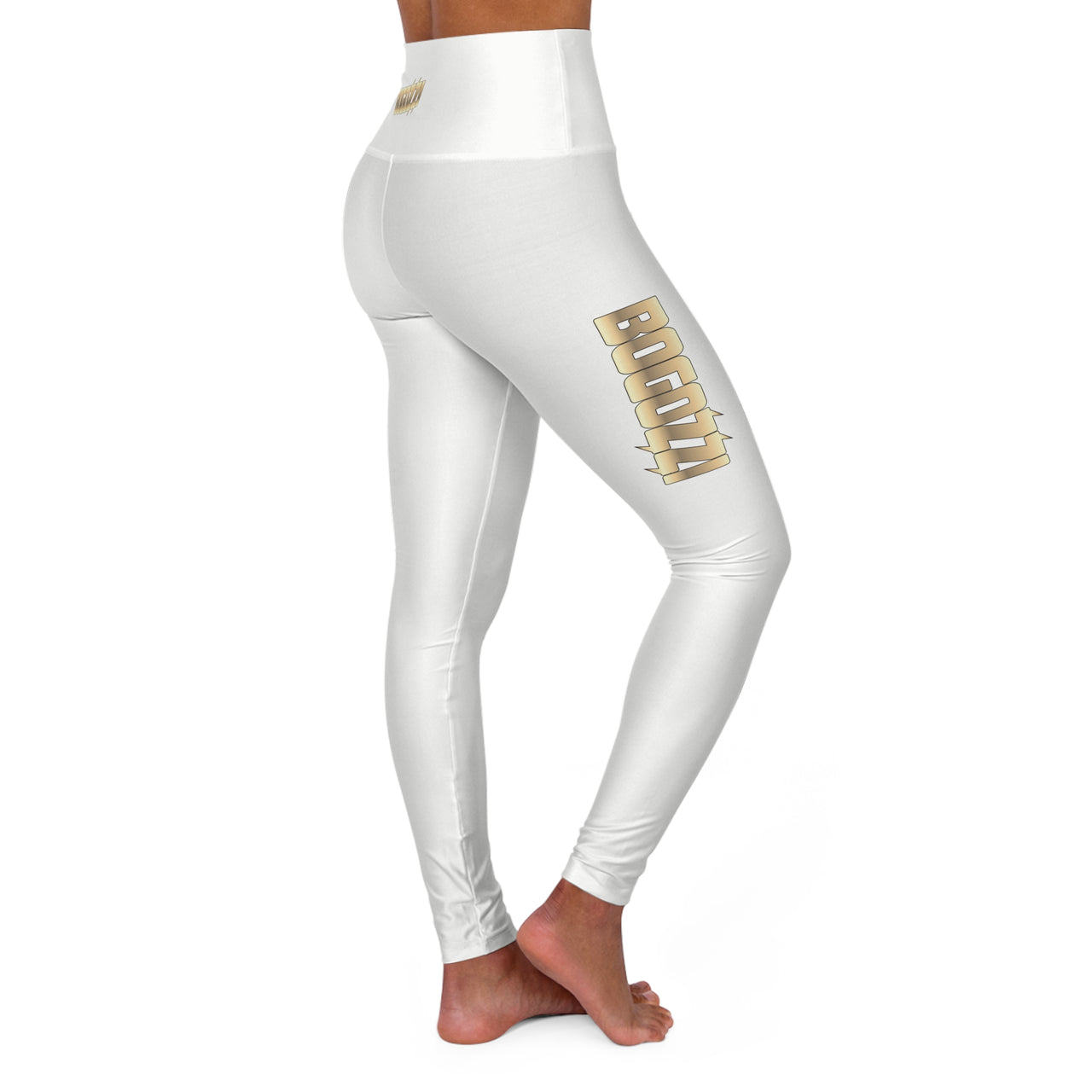 High-Waisted (Solid White) Yoga Leggings — BOGOZZI Glimmer Gold Gradient Thigh Print