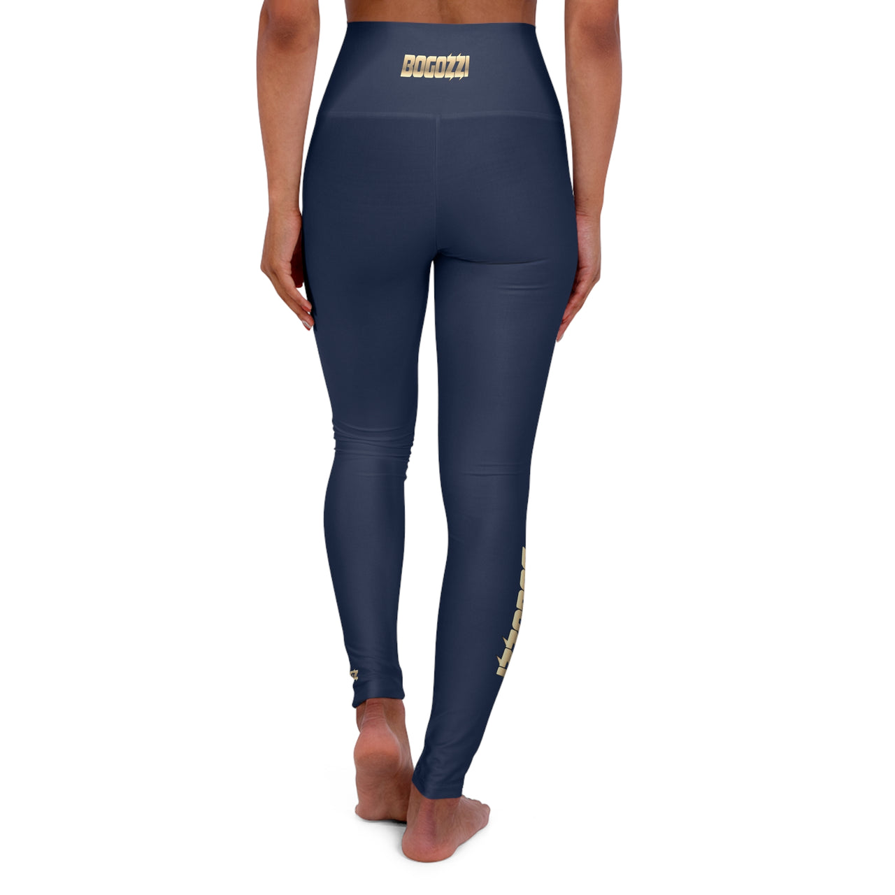 High Waisted (Blue) Yoga Leggings - BOGOZZI Glimmer Gold Gradient Calf Graphic