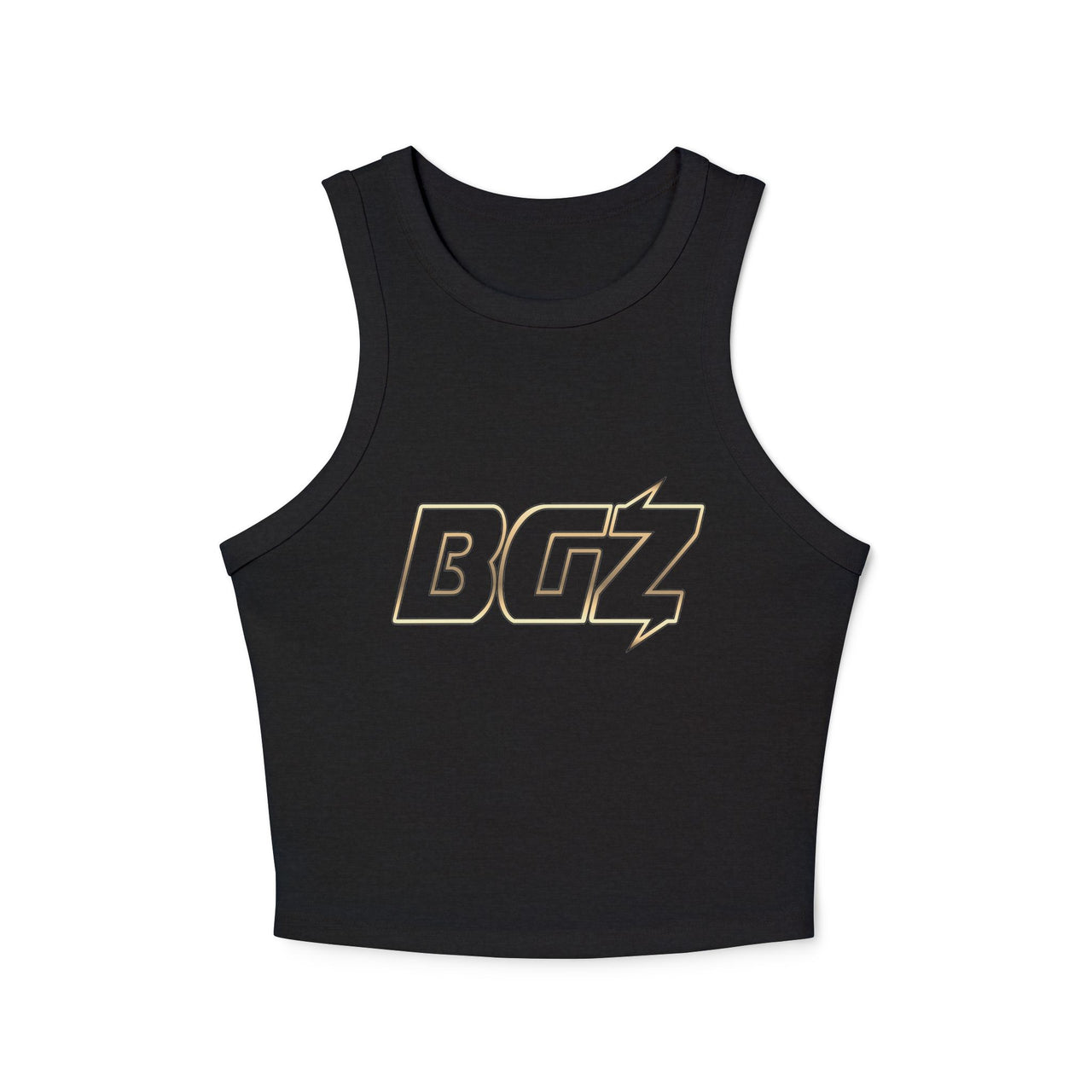 Women's Cropped Rib Racerback Tank Top — BOGOZZI - Electric Glimmer Gold Outline Gradient Graphic Alternate Logo