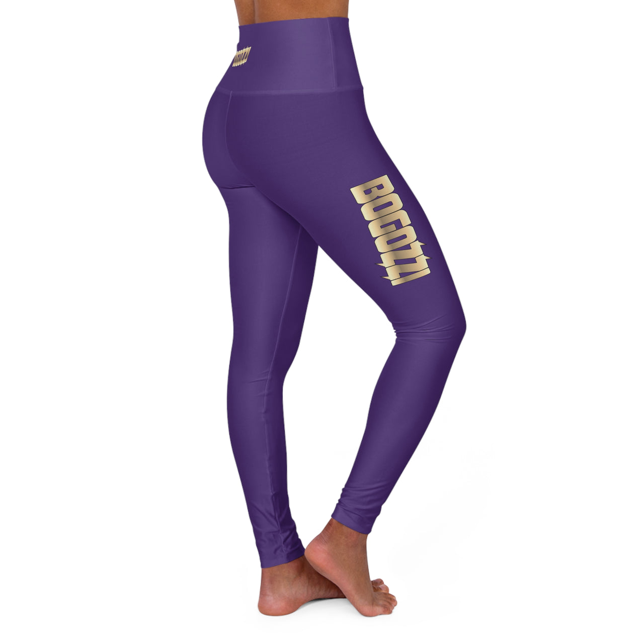 High Waisted (Purple Rush) Yoga Leggings - BOGOZZI Glimmer Gold Gradient Thigh Graphic