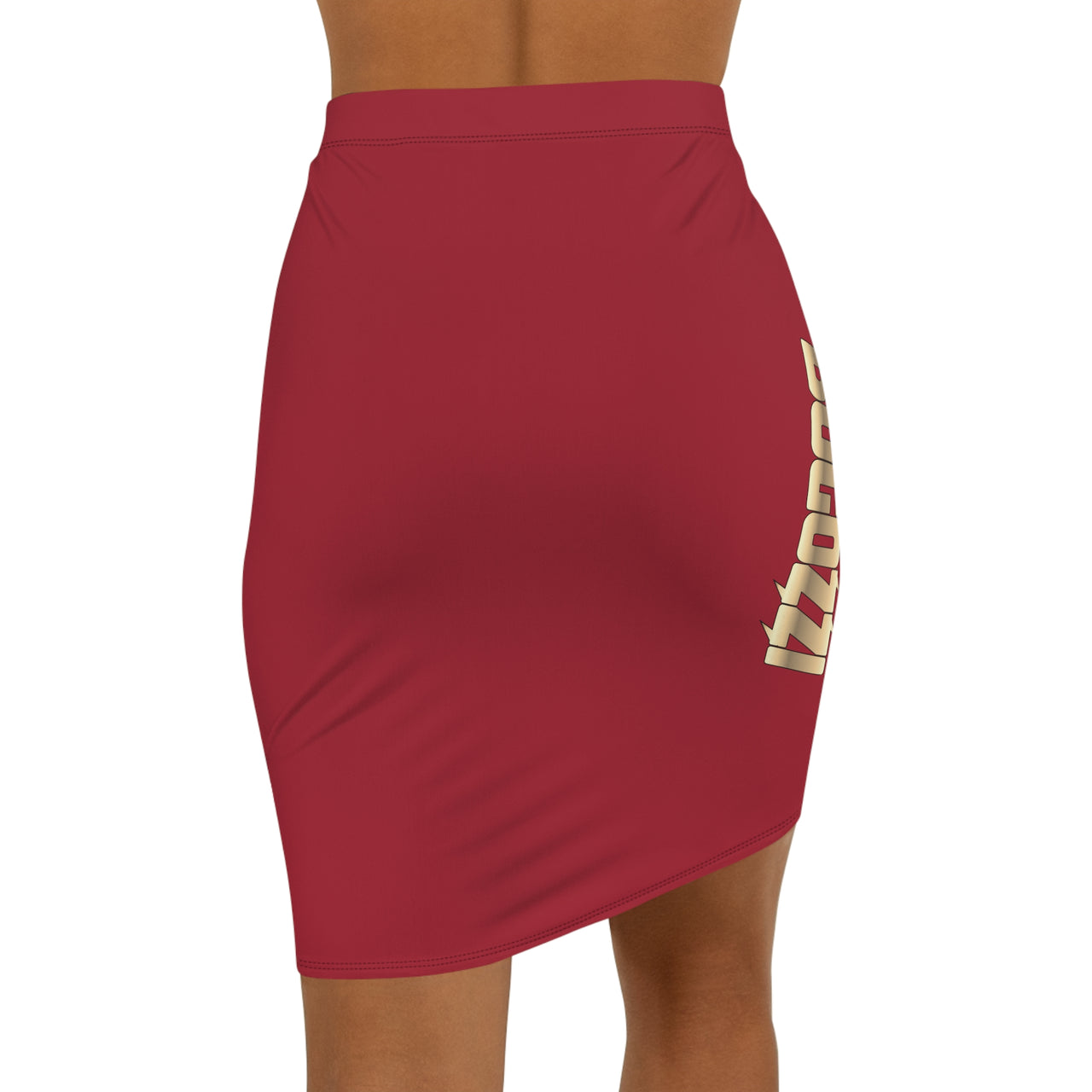 Solid Red Blend Mid-Waist Pencil Skirt — BOGOZZI Vibrant Side Hip Glimmer Gold Gradient Accent