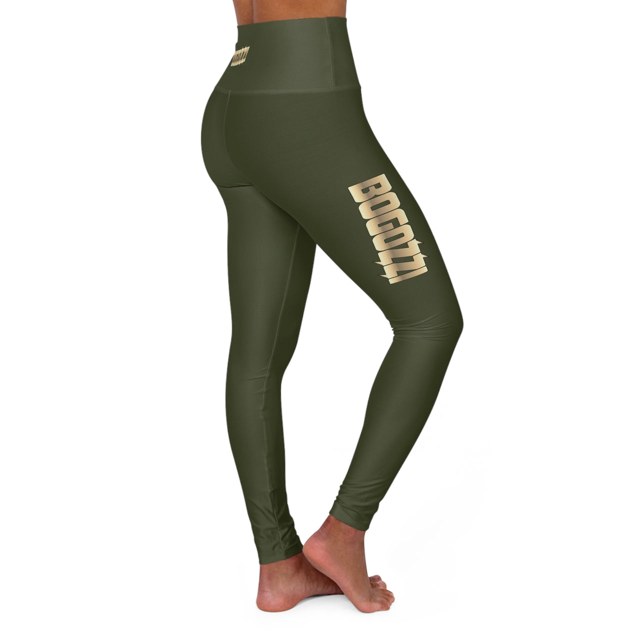 High Waisted (Military Green) Yoga Leggings - BOGOZZI Glimmer Gold Gradient Thigh Graphic