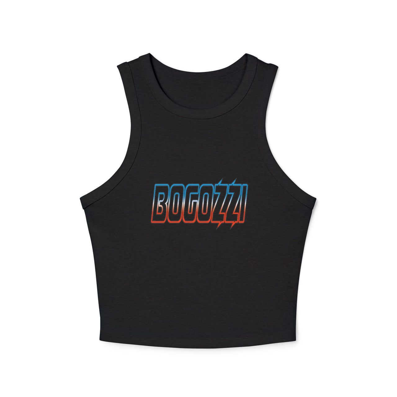 Women's Cropped Rib Racerback Tank Top — BOGOZZI - Electric Icey Dreamsicle Outline Gradient Graphic Logo