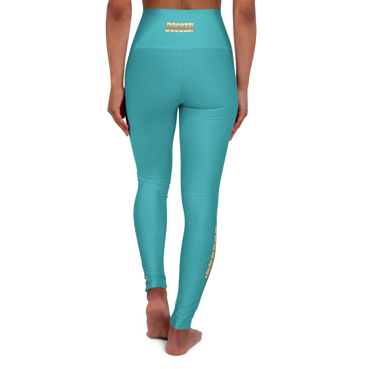 High Waisted (Tahiti Blue) Yoga Leggings - BOGOZZI Glimmer Gold Gradient Calf Graphic