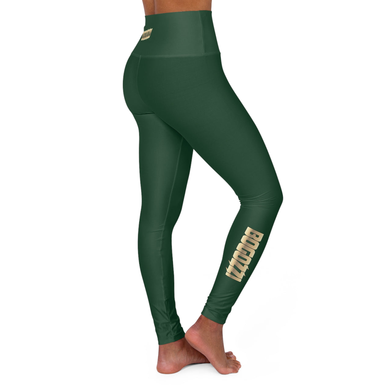 High Waisted (Green) Yoga Leggings - BOGOZZI Glimmer Gold Gradient Calf Graphic
