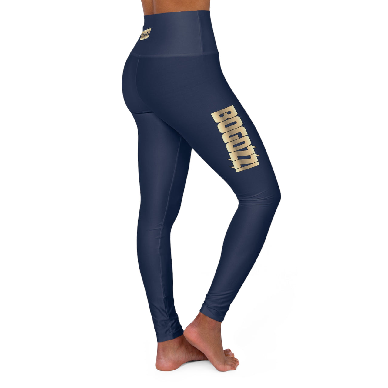 High Waisted (Blue) Yoga Leggings - BOGOZZI Glimmer Gold Gradient Thigh Graphic