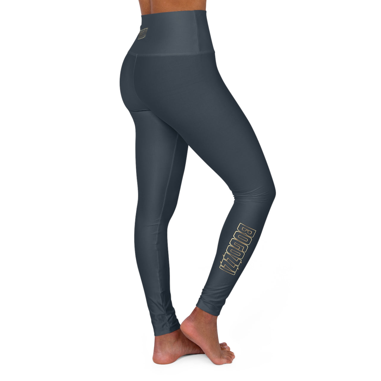 High Waisted (Indigo) Yoga Leggings - BOGOZZI Glimmer Gold Gradient Outline Calf Graphic