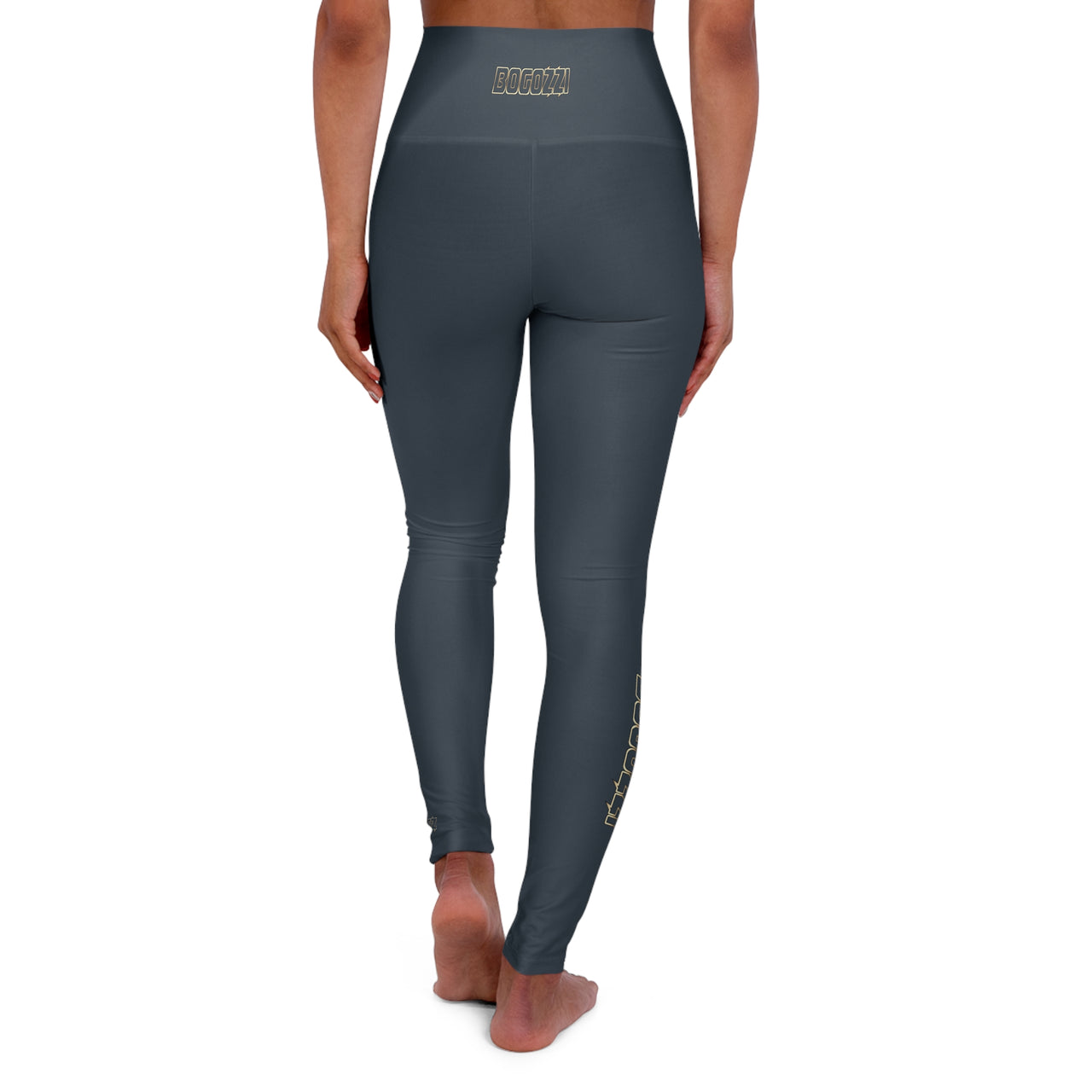 High Waisted (Indigo) Yoga Leggings - BOGOZZI Glimmer Gold Gradient Outline Calf Graphic